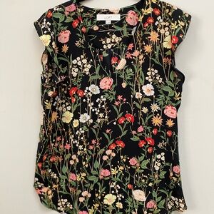 LOFT Black Floral Blouse with Multicolor Blooms- size Medium
